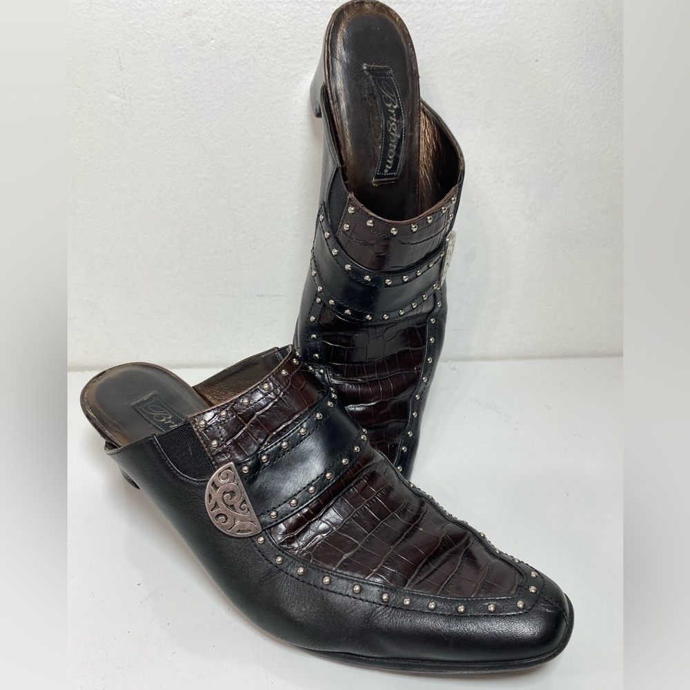 Brighton Black Brown Croco Theme Slip-on Mules Studded Heels Silver Buckle-Sz 10